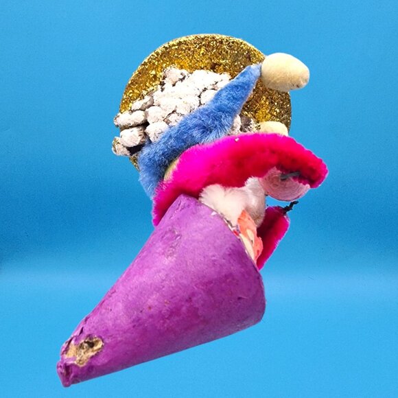 Vintage 1950s Japan Putz Elf Gnome Spun Cotton Lantern Purple Hat Christmas Deco - Picture 8 of 10